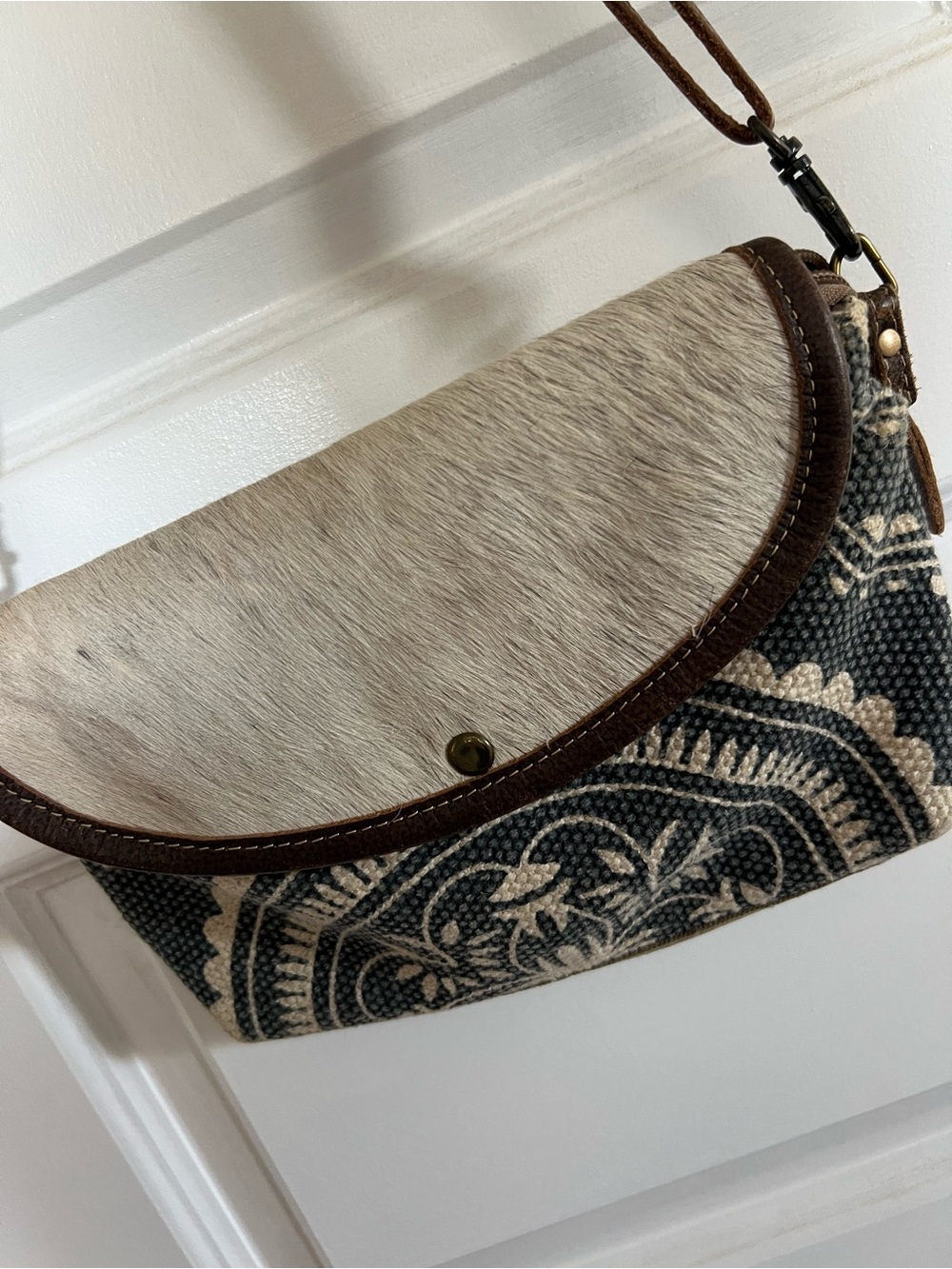 Myra Bag Neutral Fur-Trimmed Patterned Crossbody in Cream and Brown